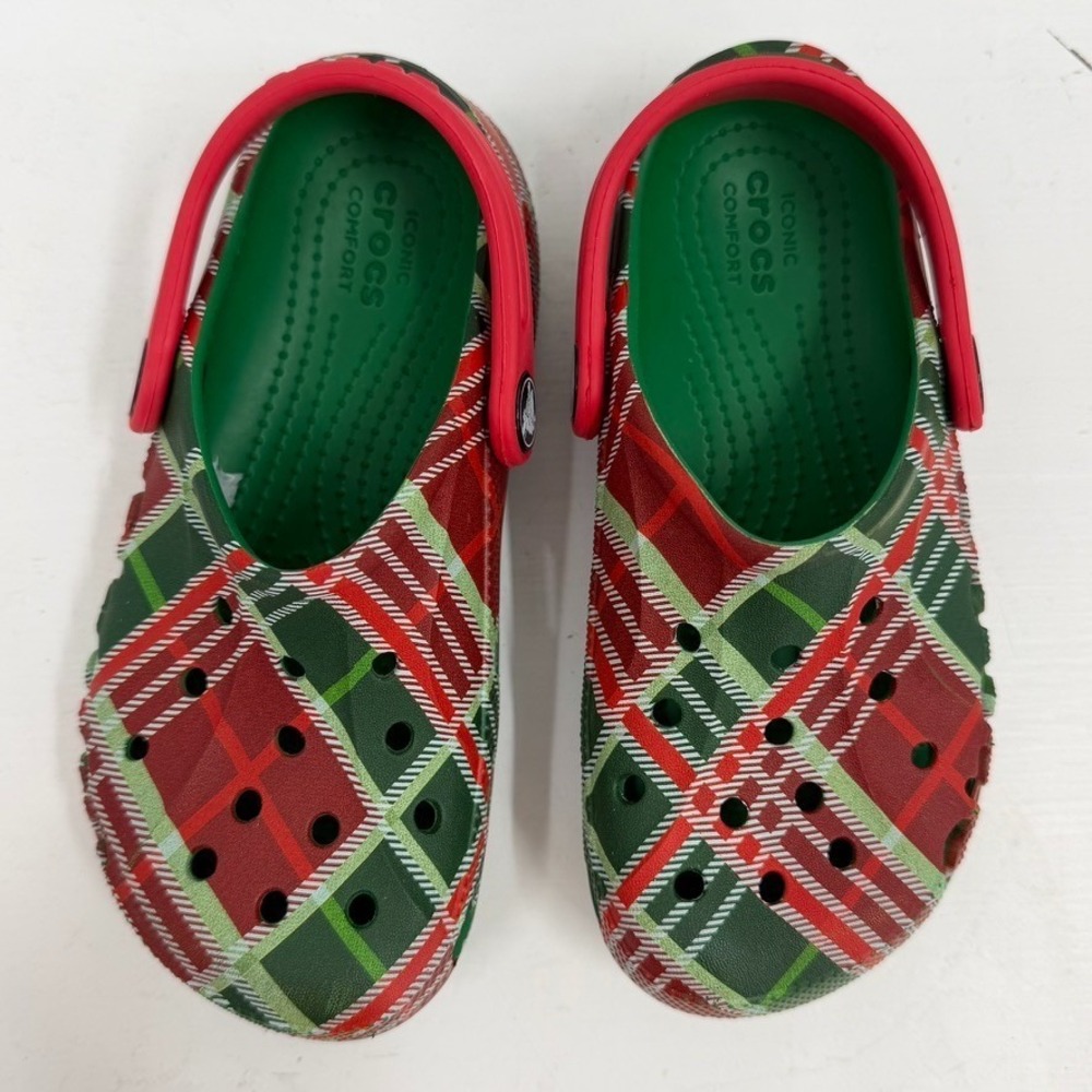 Crocs Kids Christmas Plaid C12 Clogs Red Green Holiday Slip On Shoes - Picture 2 of 12